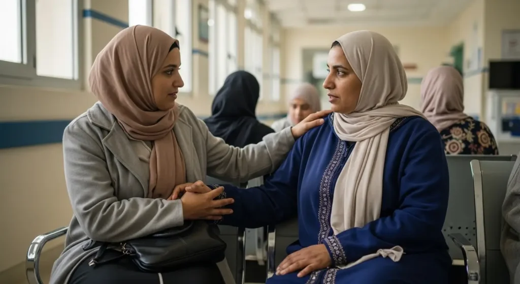 Famille marocaine discutant du don de rein vivant dans un hôpital au Maroc