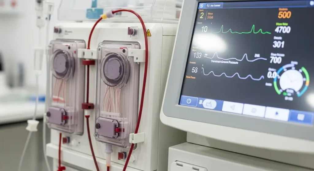 Machine de hémodialyse en fonctionnement dans un centre de dialyse marocain