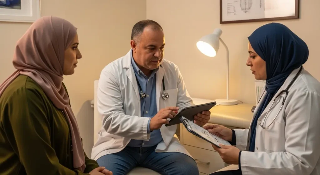 Médecin expliquant à un patient marocain les résultats de bilan rénal