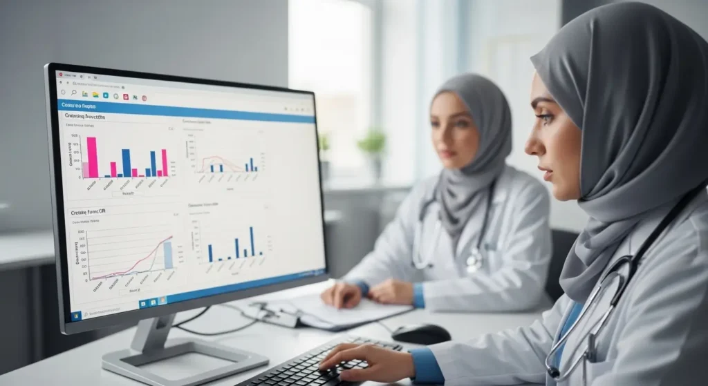 Néphrologue analysant les résultats de la prise de sang montrant la créatinine et la fonction rénale