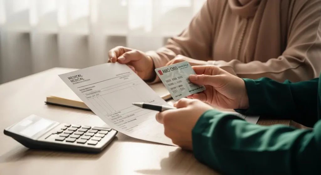 Patient marocain calculant le coût dune greffe de rein avec sa carte AMO et une facture médicale