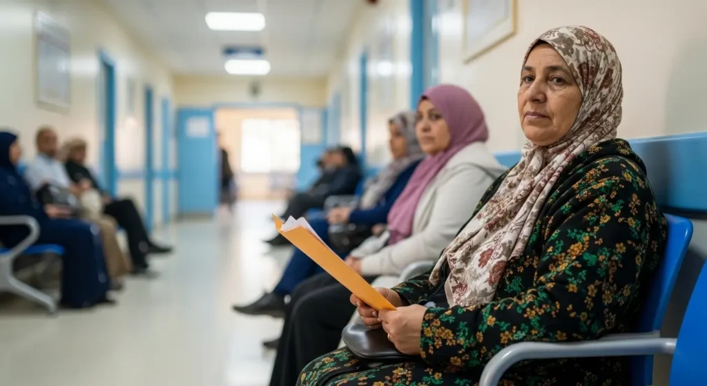 Patiente marocaine en salle d'attente de hôpital avec ses documents médicaux