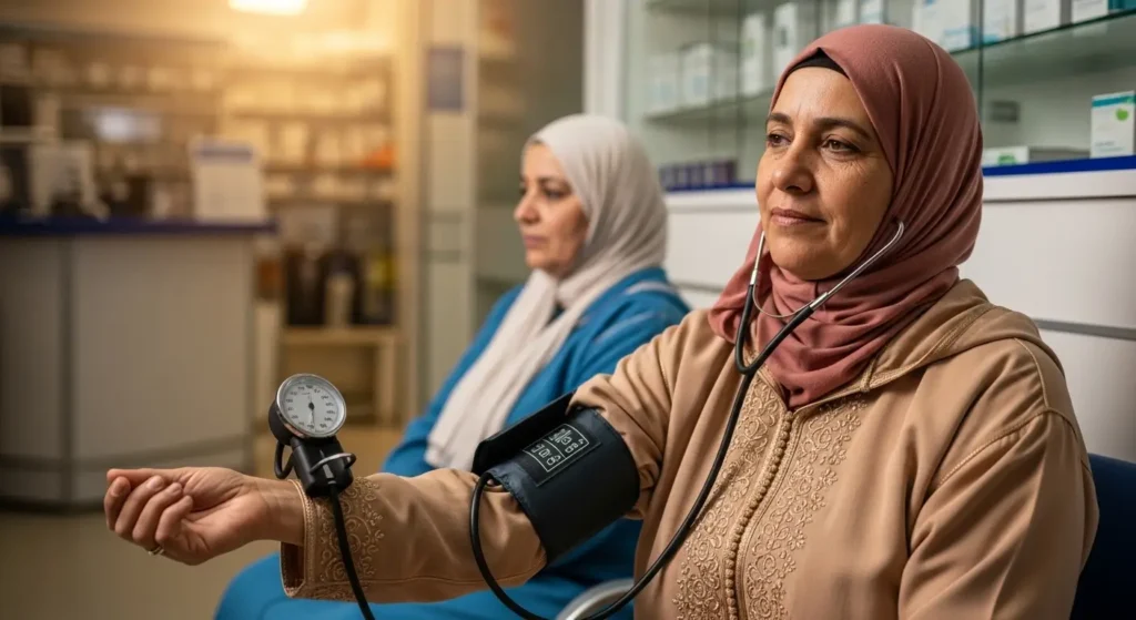 Patiente marocaine hypertendue mesurant sa tension artérielle — facteur de risque rénal