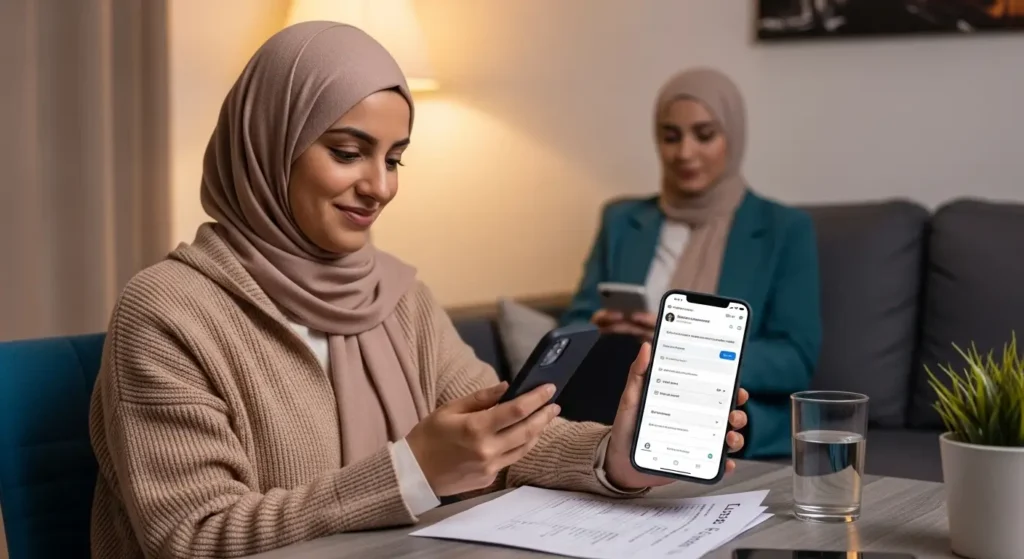 Patiente marocaine prenant rendez-vous en ligne avec un spécialiste urologue ou néphrologue