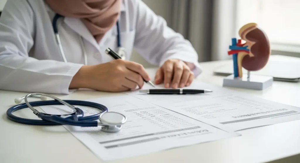 Résultats de analyses biologiques rénales incluant créatinine et protéinurie posés sur un bureau médical