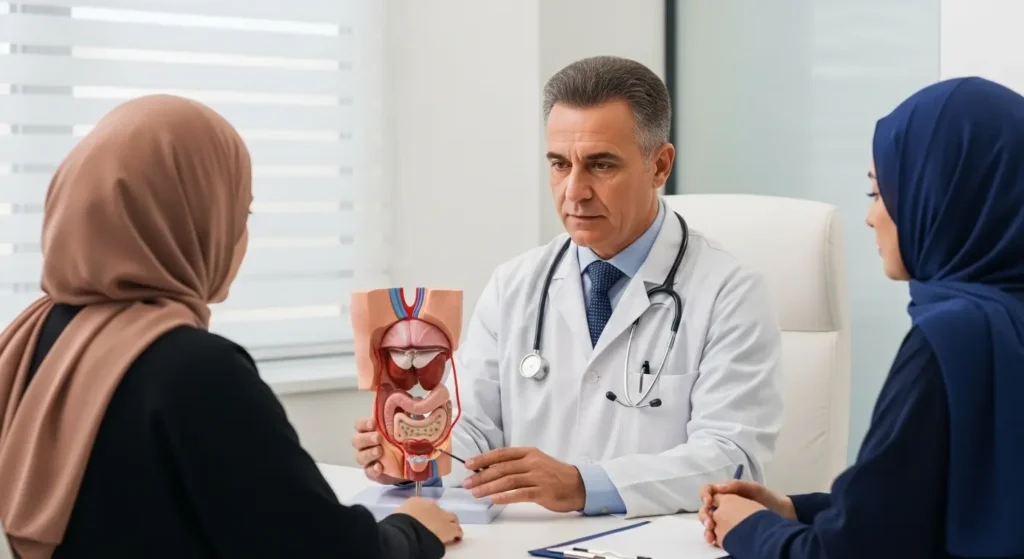 Urologue examinant un modèle anatomique des voies urinaires dans son cabinet médical