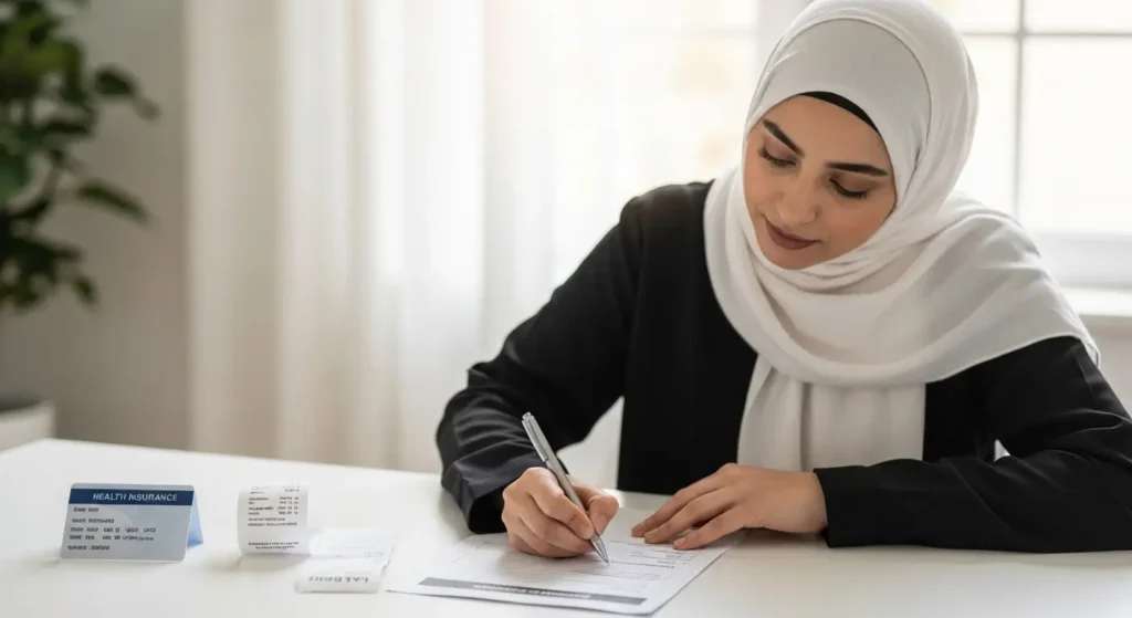 Femme marocaine remplissant un dossier de remboursement analyse urine CNOPS CNSS AMO