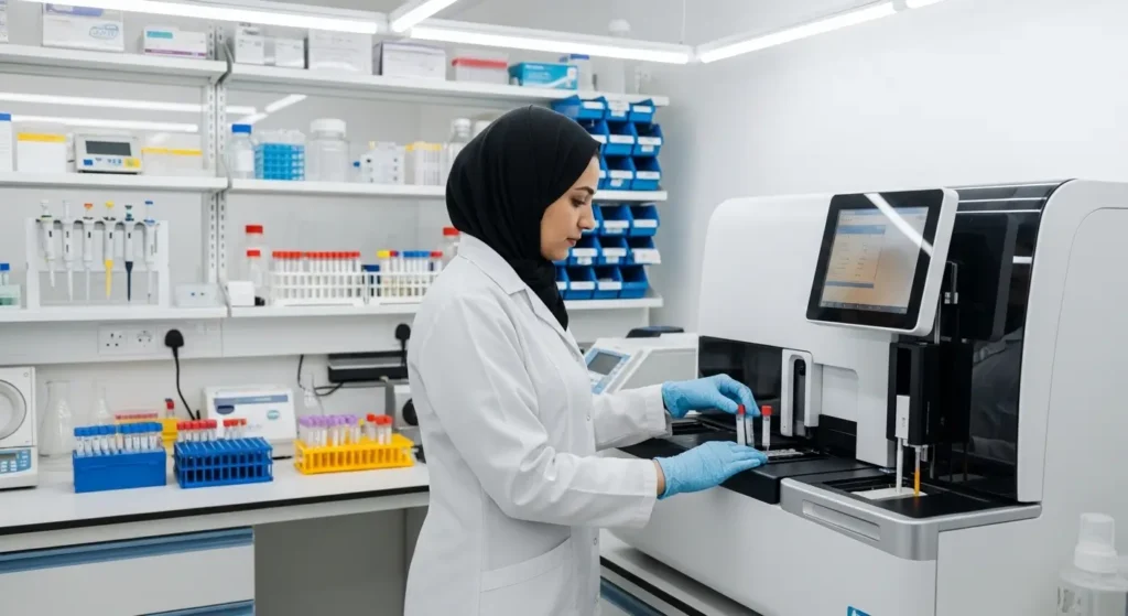 Laboratoire d'analyses médicales agréé au Maroc avec technicienne en blouse blanche