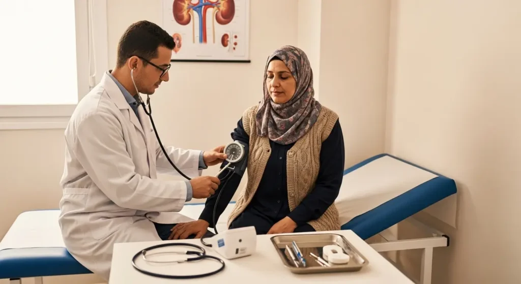 Néphrologue mesurant la tension artérielle d'un patient lors d'une consultation rénale au Maroc