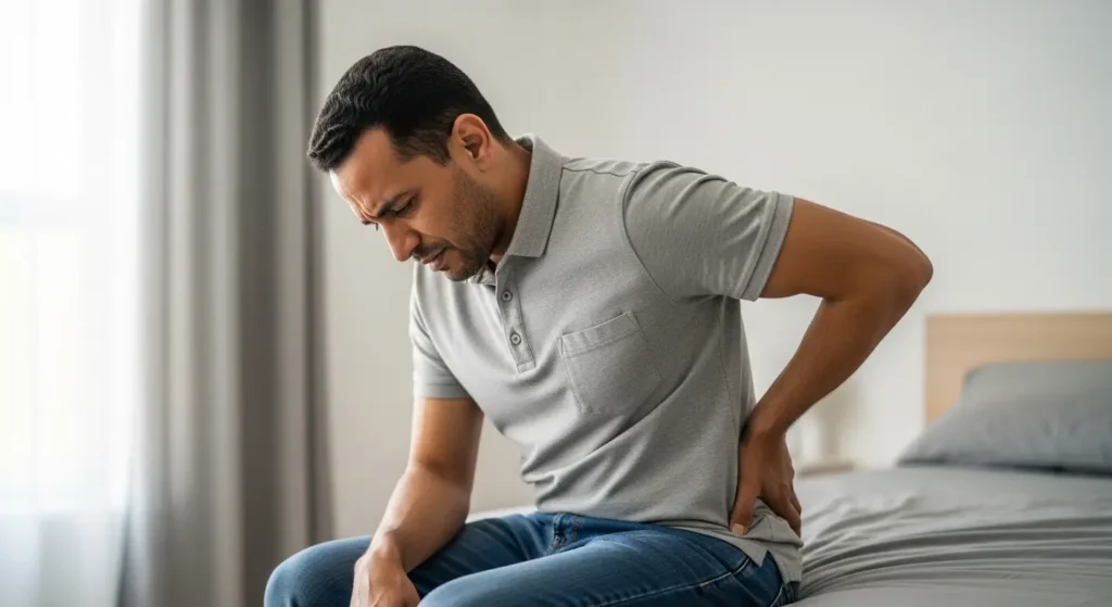 Patient présentant des douleurs lombaires, signe pouvant nécessiter une consultation urgente en néphrologie