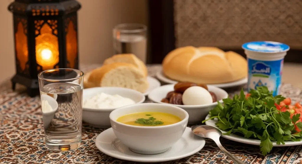 Table d'iftar adaptée pour un patient marocain atteint d'insuffisance rénale pendant le Ramadan, avec des aliments pauvres en potassium et en sel
