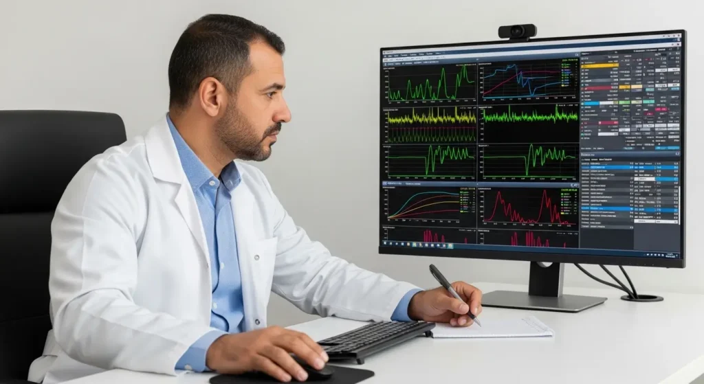 Urologue marocain analysant le compte-rendu urodynamique d'un patient sur écran médical